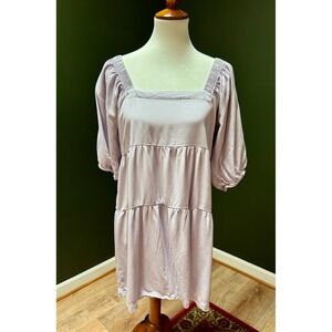 Shinestar Tiered Square Neck Puff Sleeve Casual Lavender Midi Dress Women's L
